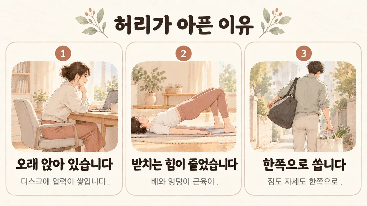 부평한의원 허리 통증 원인 - 오래 앉아 있습니다·받치는 힘이 줄었습니다·한쪽으로 씁니다