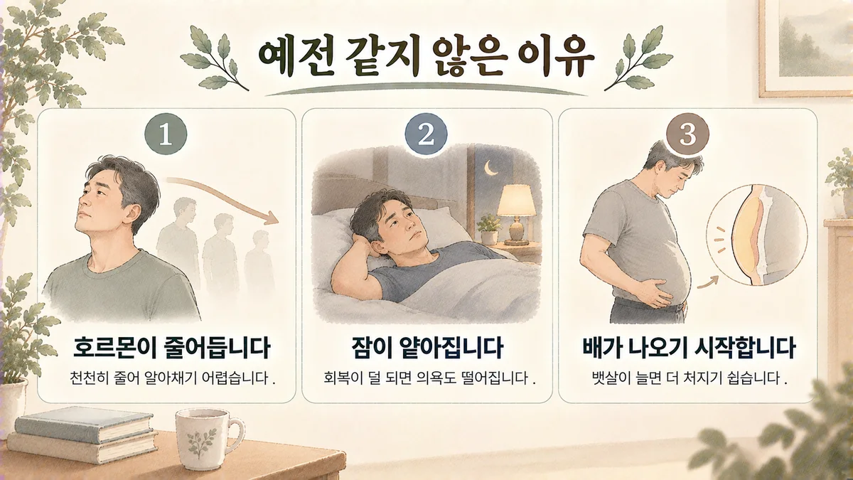 부평한의원 남성 갱년기 원인 - 호르몬이 줄어듭니다·잠이 얕아집니다·배가 나오기 시작합니다