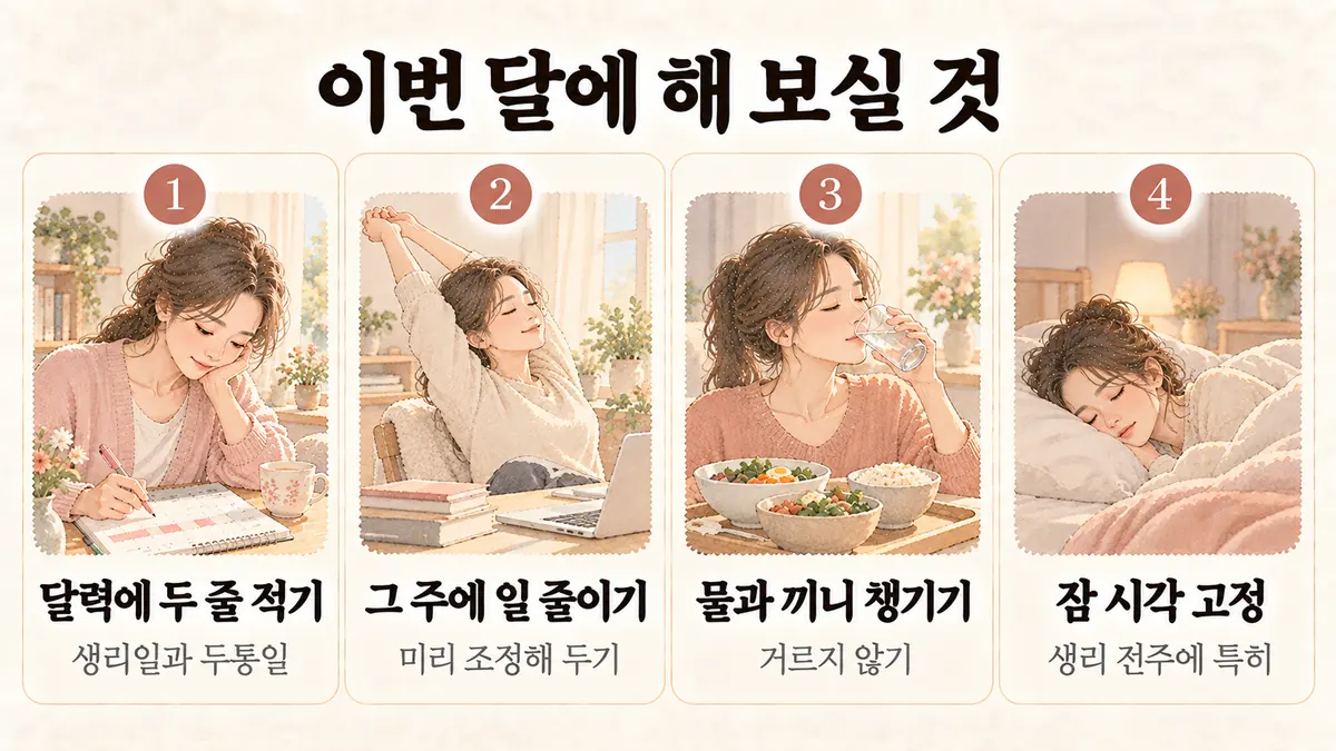 부평한의원 생리전 두통 생활관리 - 달력에 두 줄 적기·그 주에 일 줄이기·물과 끼니 챙기기·잠 시각 고정
