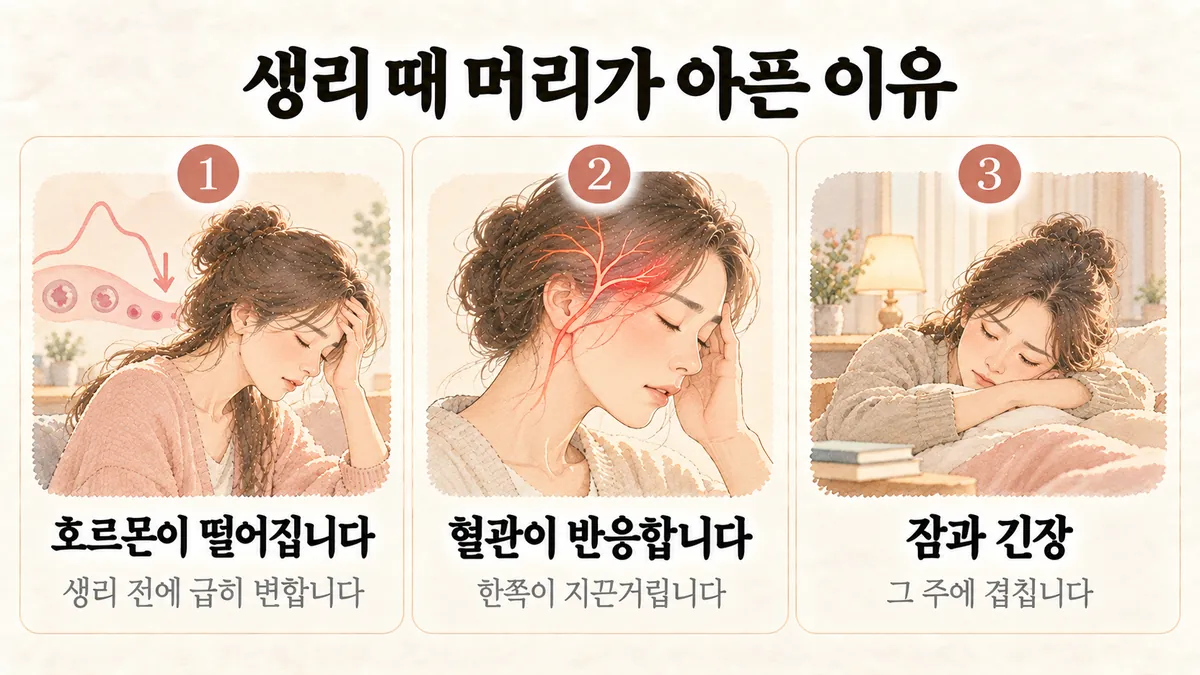 부평한의원 생리전 두통 원인 - 호르몬이 떨어집니다·혈관이 반응합니다·잠과 긴장