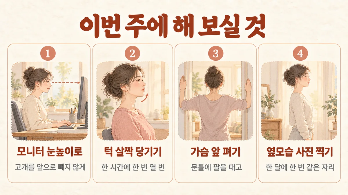 부평한의원 버섯목 생활관리 - 모니터 눈높이로·턱 살짝 당기기·가슴 앞 펴기·옆모습 사진 찍기