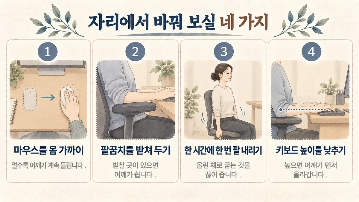부평한의원 어깨결림 생활관리 - 마우스 가까이·팔꿈치 받치기·팔 내리기·키보드 낮추기