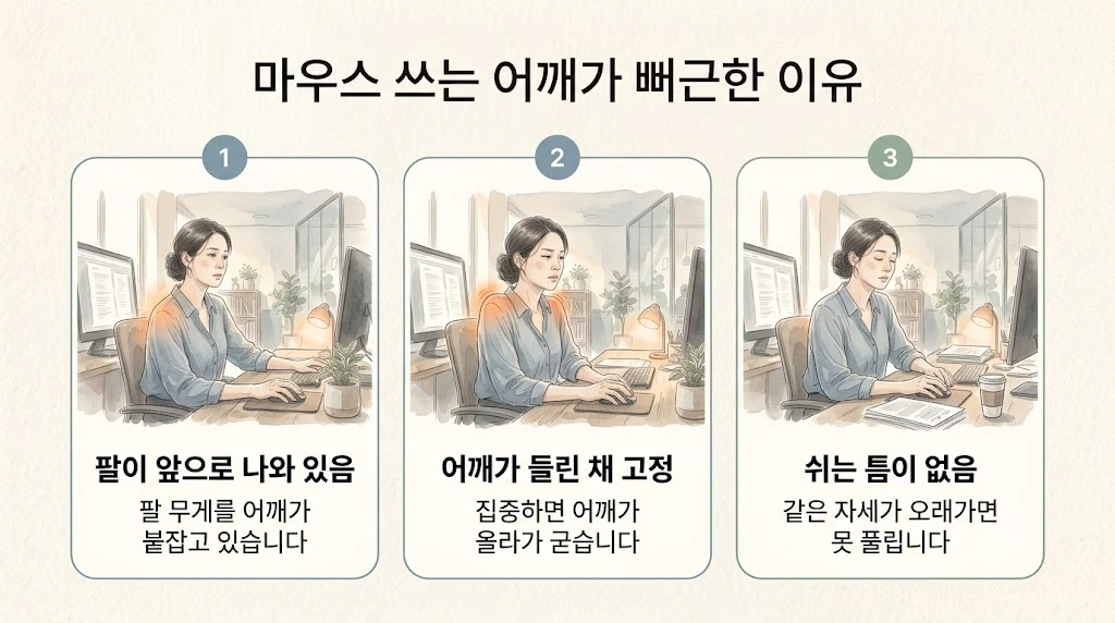 부평한의원 어깨결림 원인 - 팔이 앞으로 나옴·어깨 들린 채 고정·쉬는 틈 없음