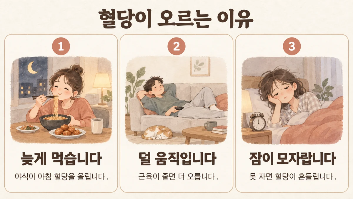 부평한의원 혈당 관리 원인 - 늦게 먹습니다·덜 움직입니다·잠이 모자랍니다