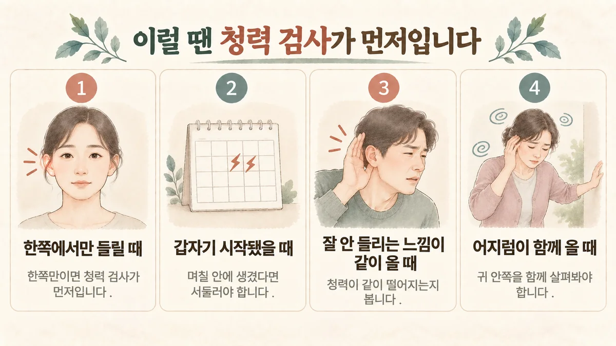 부평한의원 이명 자가진단 - 한쪽에서만 들림·갑자기 시작됨·청력 저하 동반·어지럼 동반