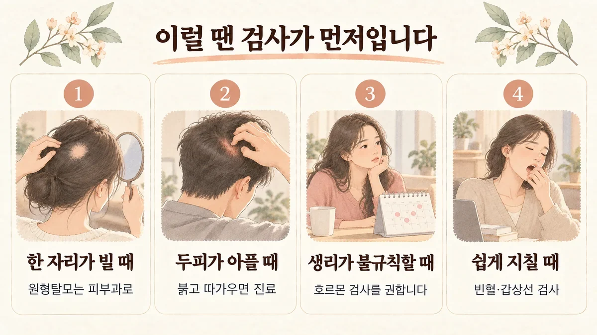 청라한의원 여성 탈모 자가진단 - 한 자리가 빌 때·두피가 아플 때·생리가 불규칙할 때·쉽게 지칠 때