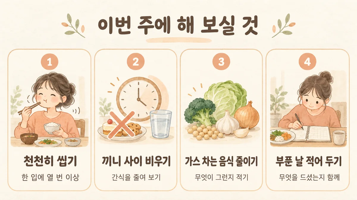 청라한의원 소장세균과증식 생활관리 - 천천히 씹기·끼니 사이 비우기·가스 차는 음식 줄이기·부푼 날 적어 두기