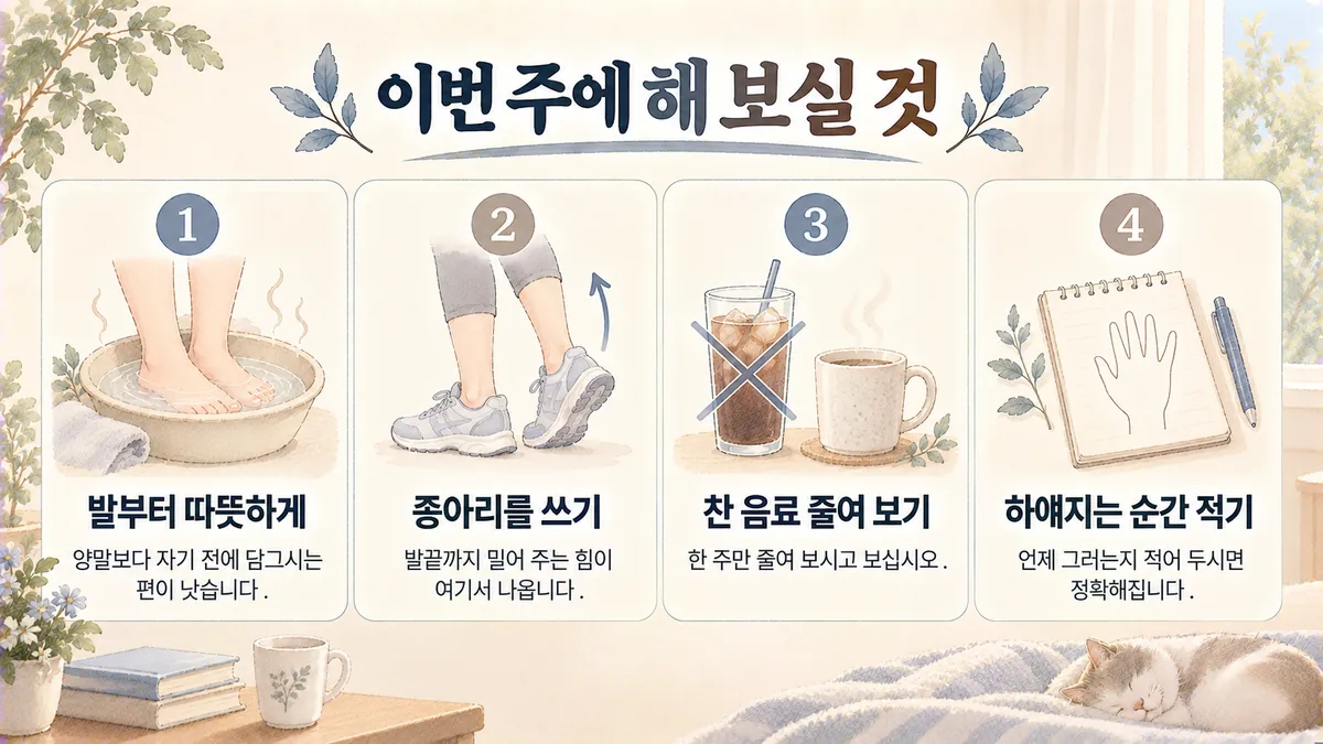 동춘동한의원 수족냉증 생활관리 - 발부터 따뜻하게·종아리 쓰기·찬 음료 줄이기·하얘지는 순간 적기