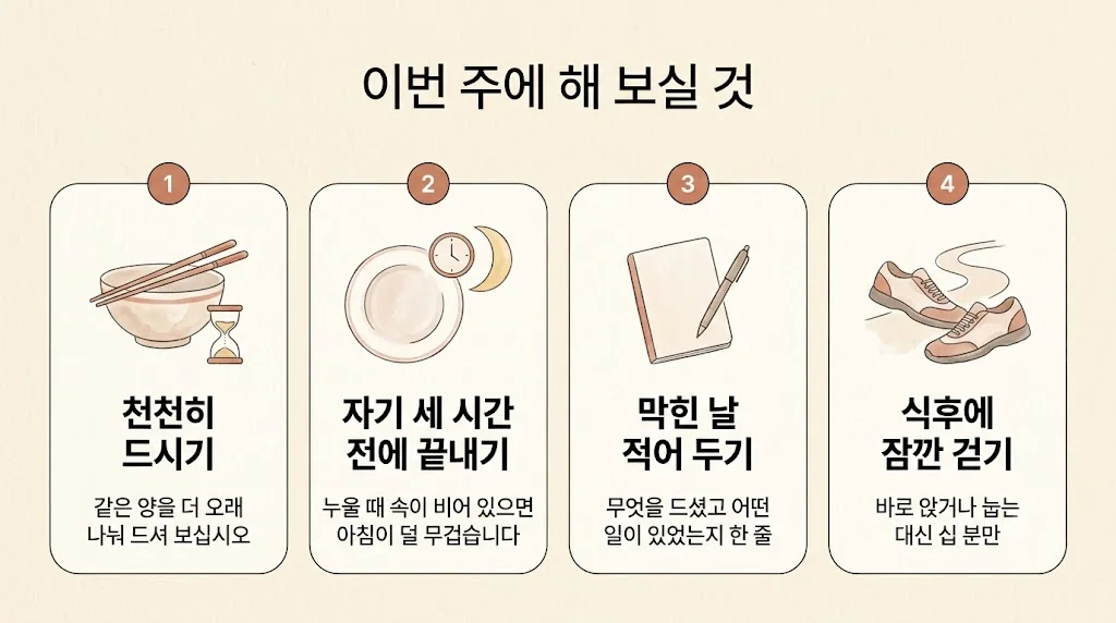 동춘동한의원 소화불량 생활관리 - 천천히 드시기·세 시간 전에 끝내기·막힌 날 적기·식후에 걷기