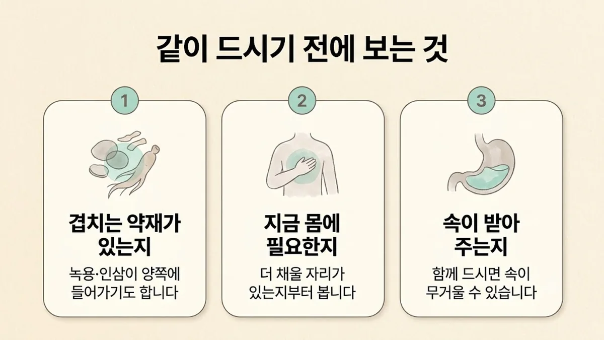 동춘동한의원 경옥고 보는 기준 - 겹치는 약재가 있는지·지금 몸에 필요한지·속이 받아 주는지