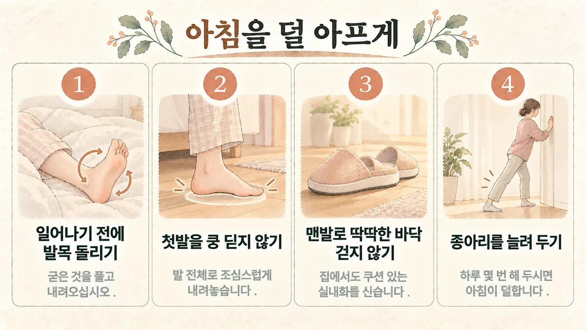 동춘동한의원 족저근막염 생활관리 - 발목 돌리기·첫발 쿵 딛지 않기·맨발로 딱딱한 바닥 피하기·종아리 늘리기