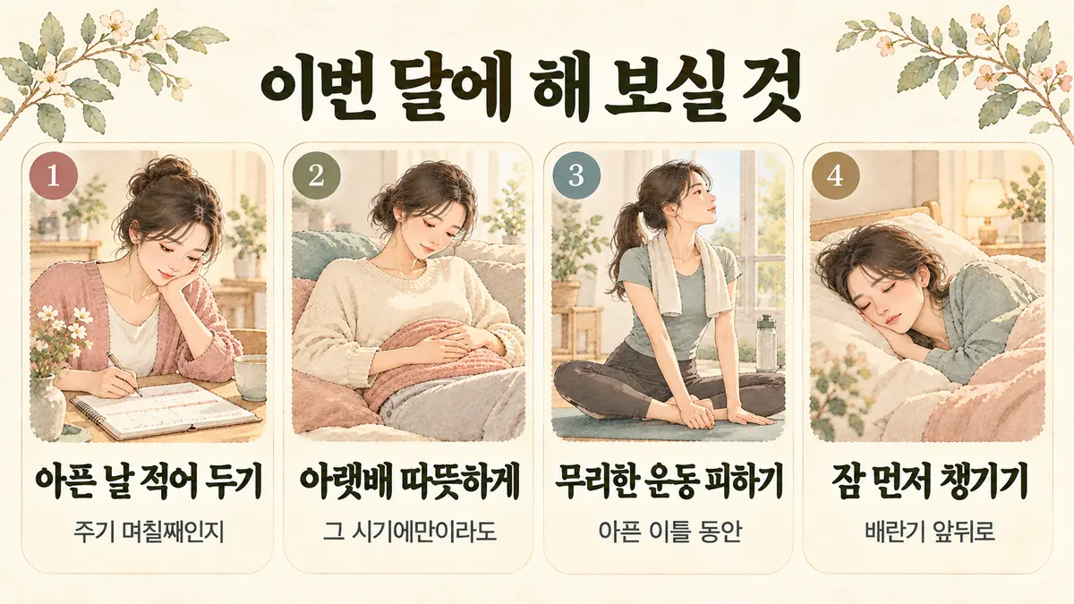 동춘동한의원 배란통 생활관리 - 아픈 날 적어 두기·아랫배 따뜻하게·무리한 운동 피하기·잠 먼저 챙기기