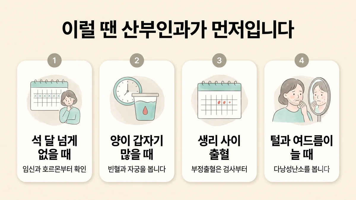동춘동한의원 생리불순 자가진단 - 석 달 넘게 없을 때·양이 갑자기 많을 때·생리 사이 출혈·털과 여드름이 늘 때