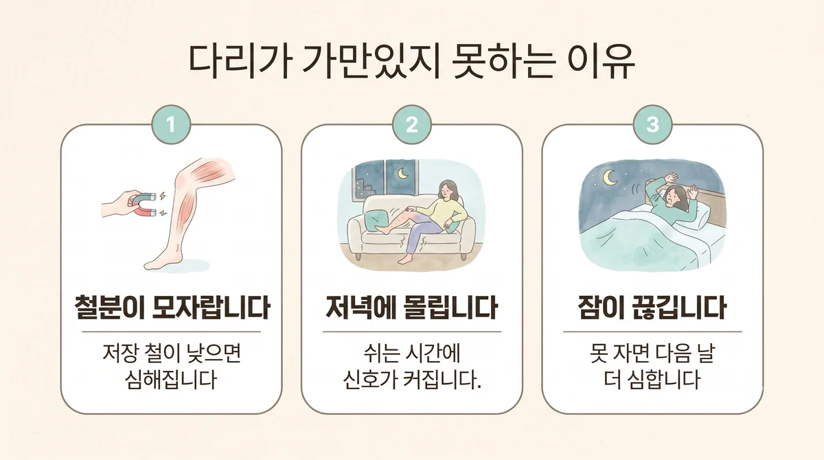 동춘동한의원 하지불안 원인 - 철분이 모자랍니다·저녁에 몰립니다·잠이 끊깁니다