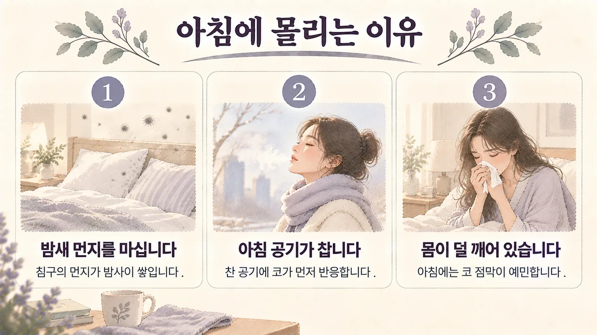 동춘동한의원 비염 원인 - 밤새 먼지를 마십니다·아침 공기가 찹니다·몸이 덜 깨어 있습니다