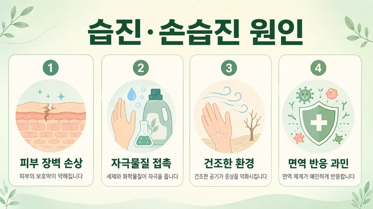 손습진이 이어지는 과정 — 장벽 손상과 반복 접촉