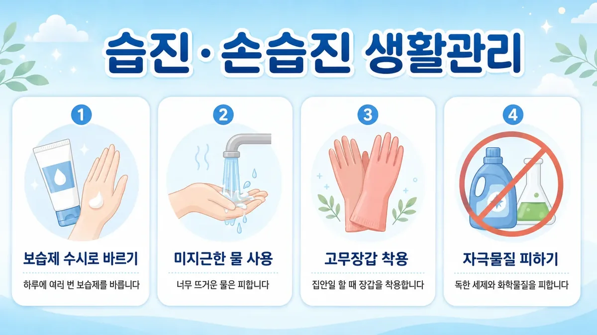 손습진 생활관리 6가지 — 이중 장갑·보습·물 온도·세정제·소독제·밤 보습