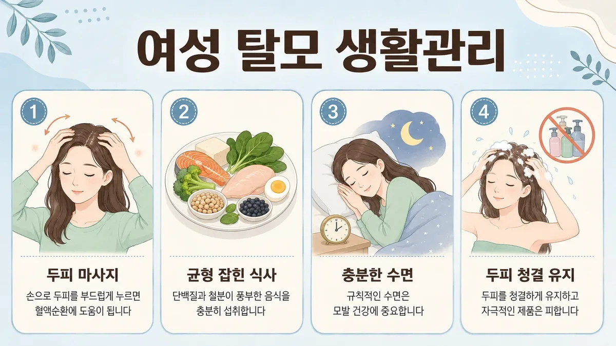 여성 탈모 생활관리 6가지 — 철분·단백질·수면·사진·당김 방지·저녁 세발