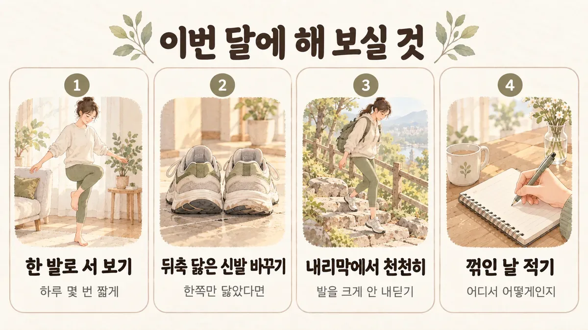 강화한의원 발목 통증 생활관리 - 한 발로 서 보기·뒤축 닳은 신발 바꾸기·내리막에서 천천히·꺾인 날 적기
