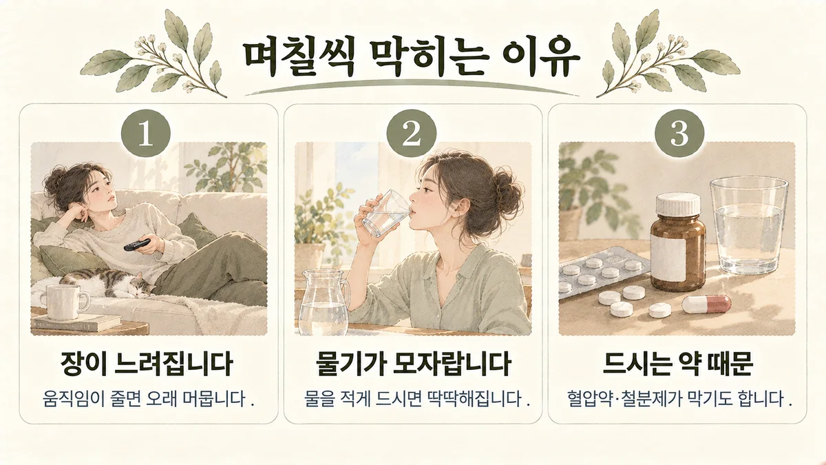 강화한의원 변비 원인 - 장이 느려집니다·물기가 모자랍니다·드시는 약 때문