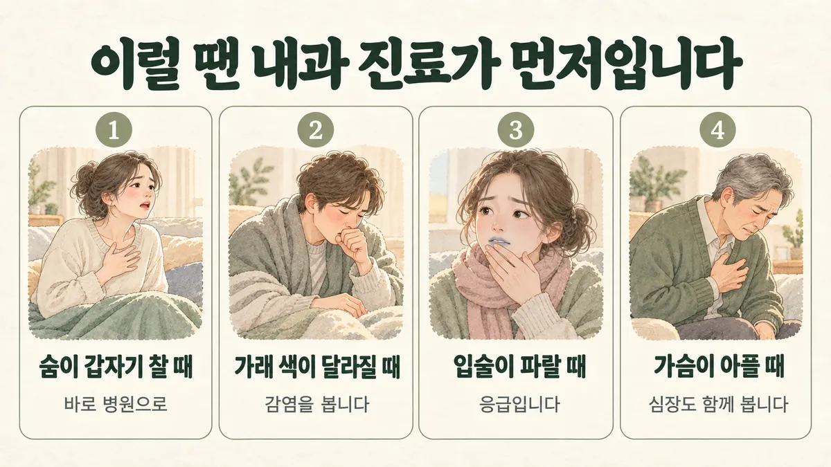 강화한의원 만성폐쇄성폐질환 자가진단 - 숨이 갑자기 찰 때·가래 색이 달라질 때·입술이 파랄 때·가슴이 아플 때