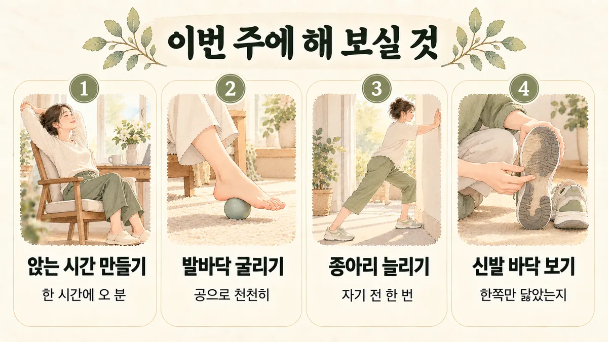 강화한의원 발 통증 생활관리 - 앉는 시간 만들기·발바닥 굴리기·종아리 늘리기·신발 바닥 보기