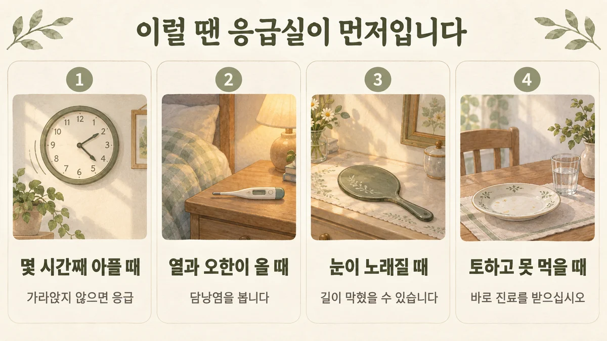 강화한의원 담석 자가진단 - 몇 시간째 아플 때·열과 오한이 올 때·눈이 노래질 때·토하고 못 먹을 때