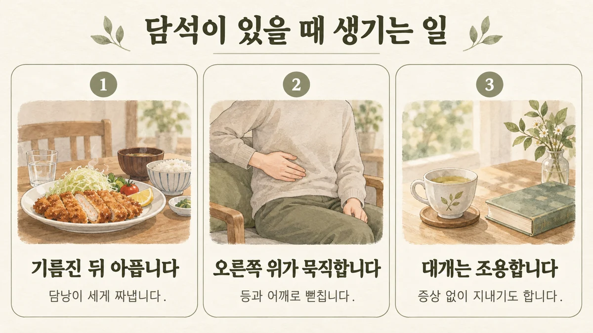 강화한의원 담석 원인 - 기름진 뒤 아픕니다·오른쪽 위가 묵직합니다·대개는 조용합니다