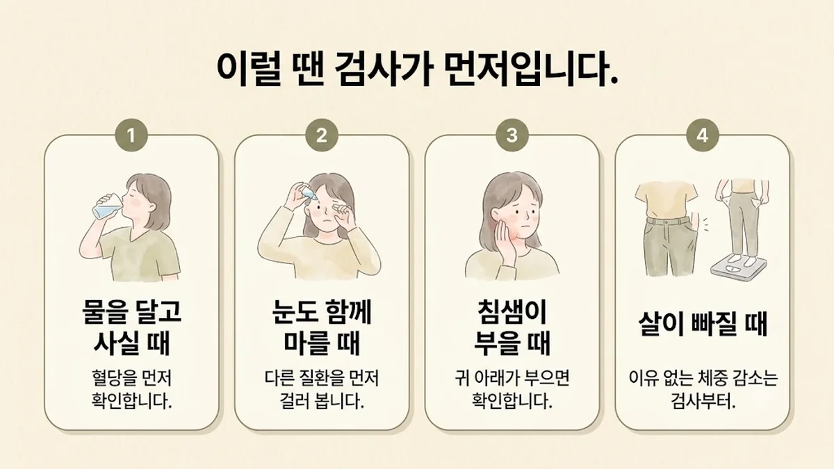 강화한의원 경옥고 자가진단 - 물을 달고 사실 때·눈도 함께 마를 때·침샘이 부을 때·살이 빠질 때