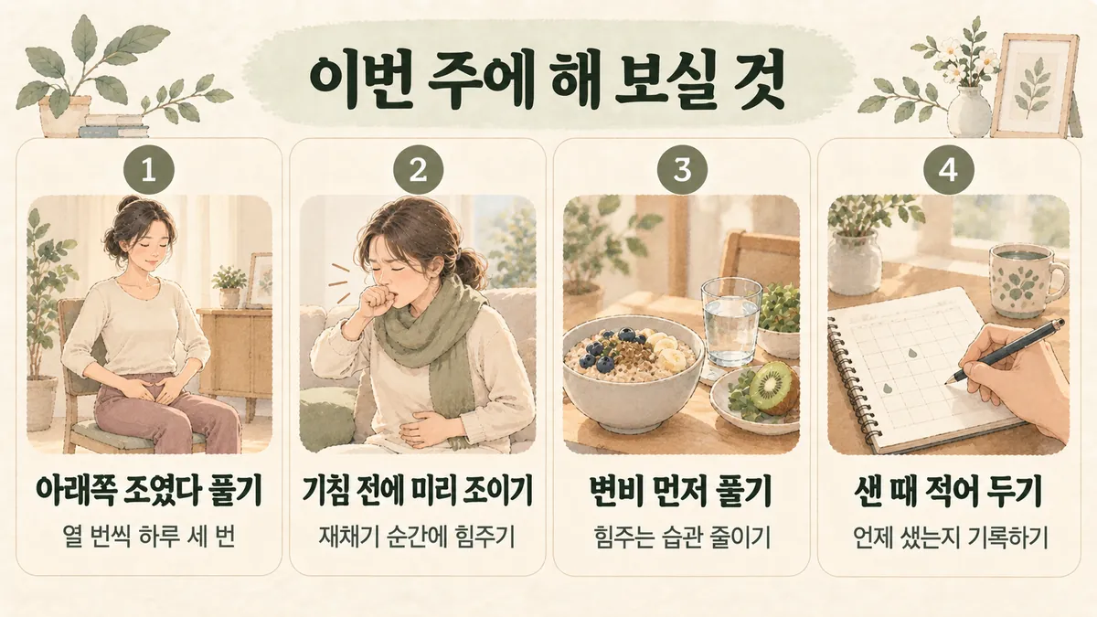 강화한의원 요실금 생활관리 - 아래쪽 조였다 풀기·기침 전에 미리 조이기·변비 먼저 풀기·샌 때 적어 두기