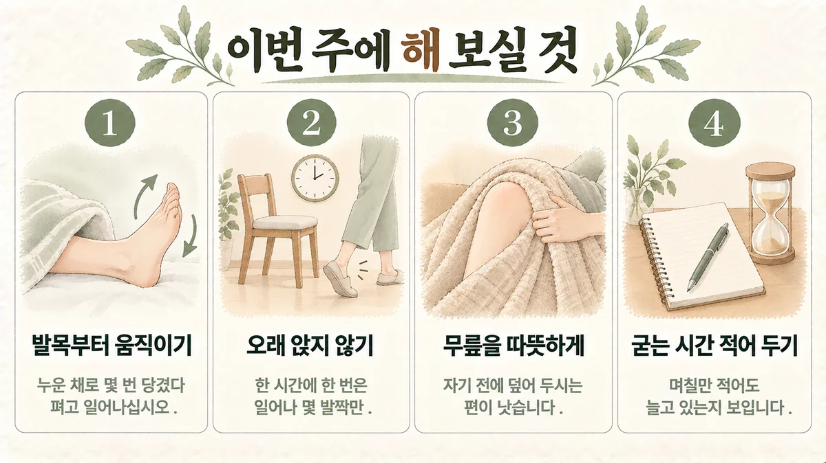 강화한의원 무릎 통증 생활관리 - 내려갈 때 난간 잡기·쪼그려 앉기 줄이기·허벅지 힘주기·아픈 날 적기