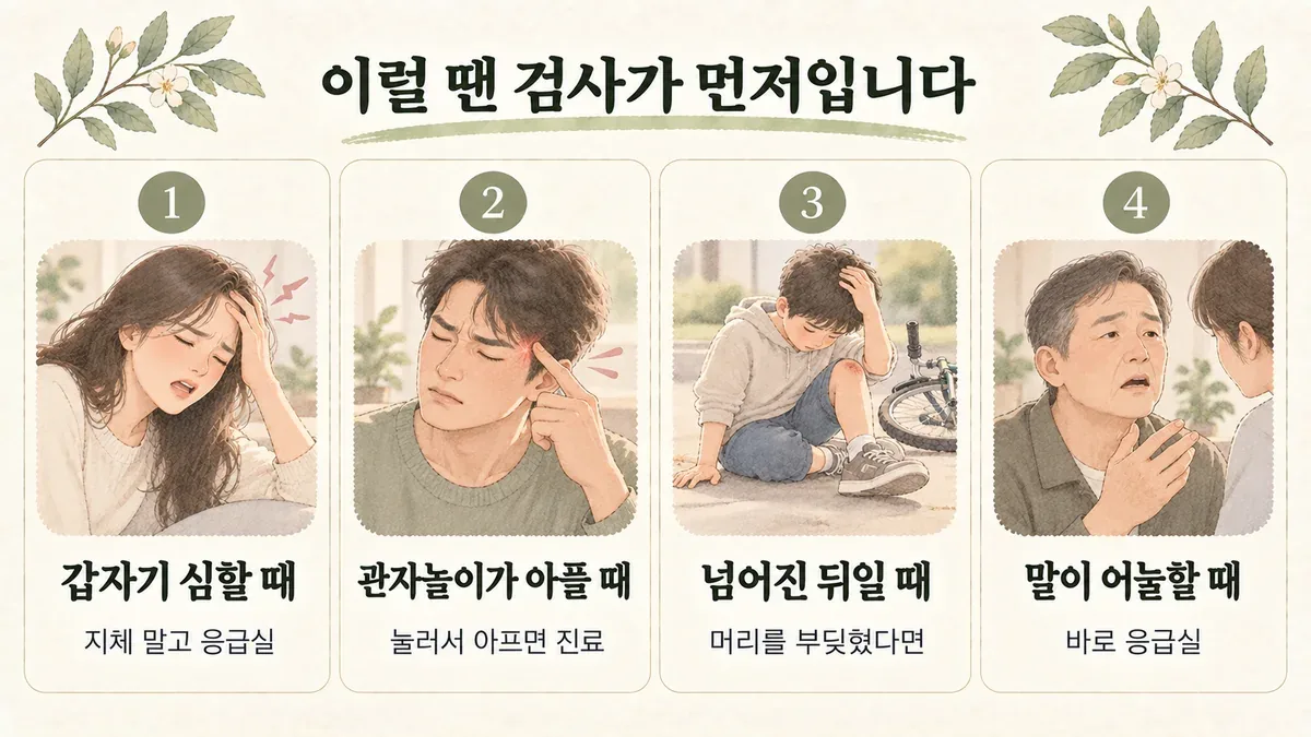 강화한의원 노인성 두통 자가진단 - 갑자기 심할 때·관자놀이가 아플 때·넘어진 뒤일 때·말이 어눌할 때