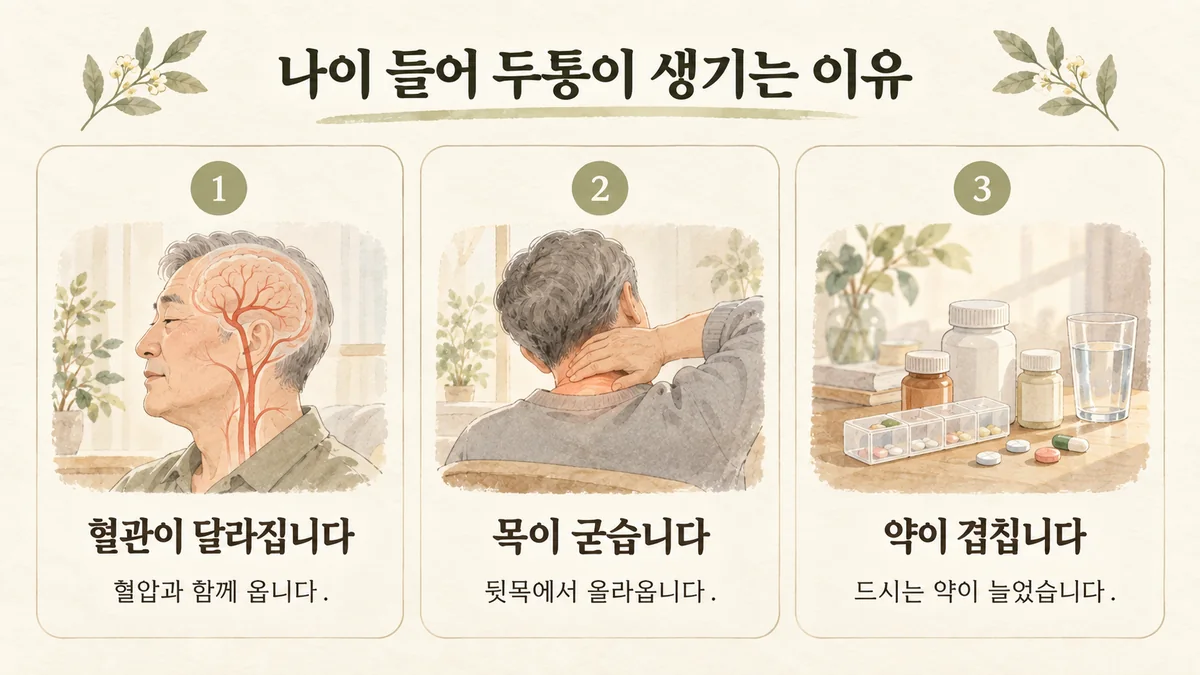 강화한의원 노인성 두통 원인 - 혈관이 달라집니다·목이 굳습니다·약이 겹칩니다