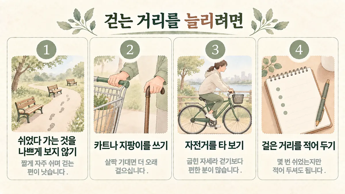 강화한의원 척추관협착증 생활관리 - 쉬었다 가기·카트나 지팡이·자전거·걸은 거리 적기