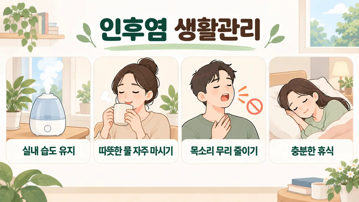 강화한의원 만성 인두염 생활관리 - 미지근한 물 자주·자는 방 습도 맞추기·늦은 식사 피하기·헛기침 대신 물