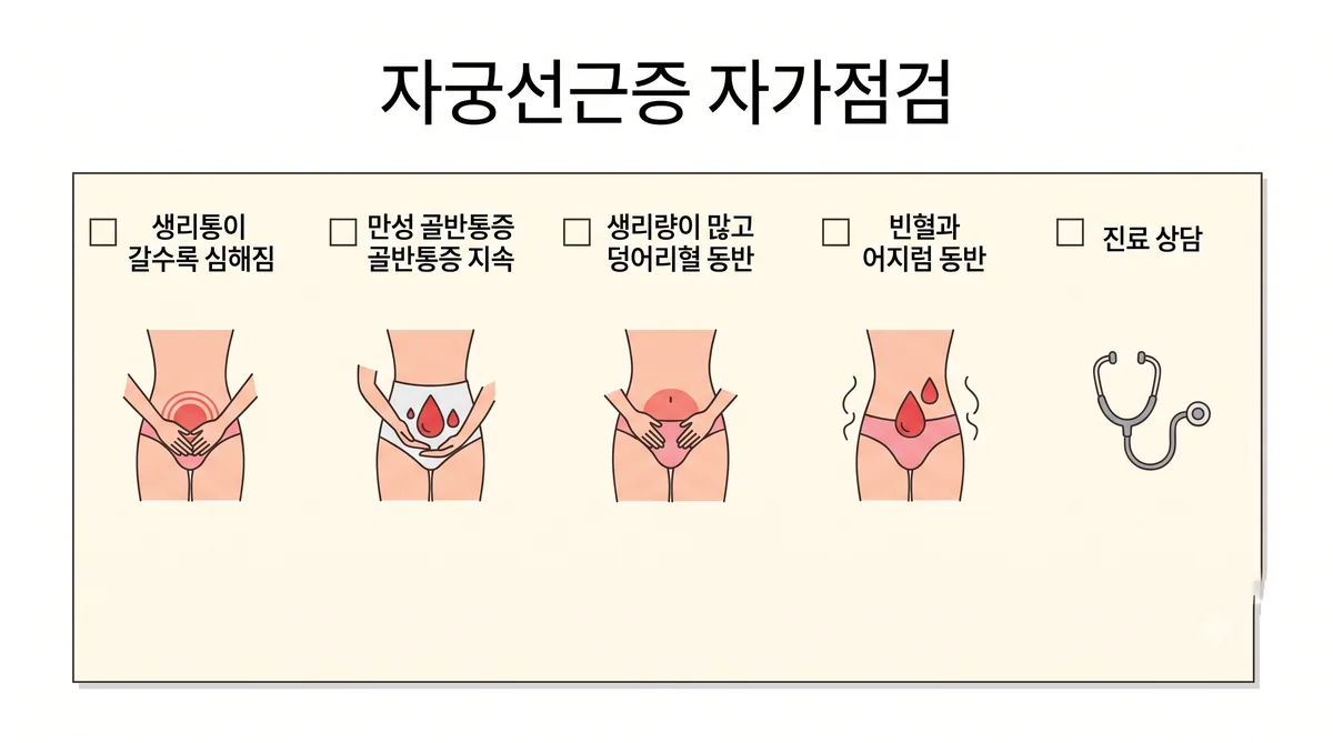 검단한의원 자궁선근증 자가진단 - 진통제가 안 들 때·출혈이 많을 때·어지럽고 숨찰 때·생리 아닐 때 출혈