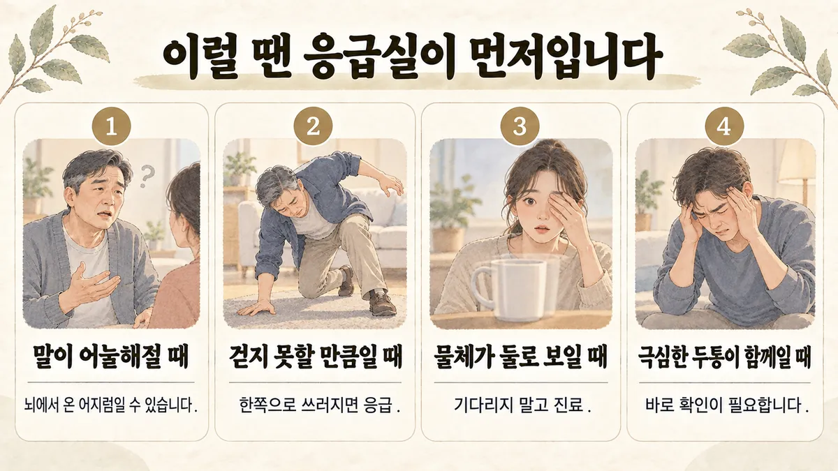 검단한의원 이석증 자가진단 - 말이 어눌해질 때·걷지 못할 만큼일 때·물체가 둘로 보일 때·극심한 두통이 함께일 때