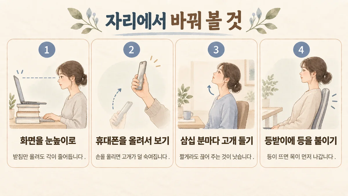 검단한의원 목디스크 생활관리 - 화면 눈높이·휴대폰 올려 보기·삼십 분마다 고개 들기·등받이에 붙이기