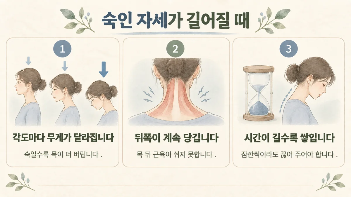 검단한의원 목디스크 원인 - 각도마다 다른 무게·뒤쪽이 당김·시간이 쌓임
