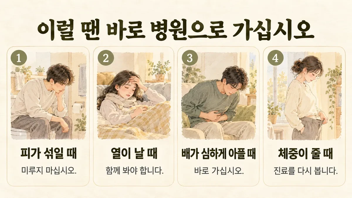 검단한의원 크론병 자가진단 - 피가 섞일 때·열이 날 때·배가 심하게 아플 때·체중이 줄 때