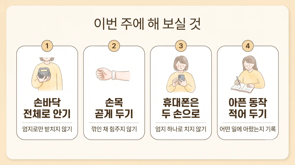 검단한의원 손목 건초염 생활관리 - 손바닥 전체로 안기·손목 곧게 두기·휴대폰은 두 손으로·아픈 동작 적어 두기