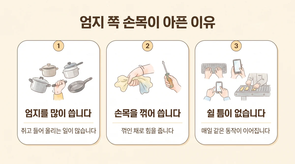 검단한의원 손목 건초염 원인 - 엄지를 많이 씁니다·손목을 꺾어 씁니다·쉴 틈이 없습니다