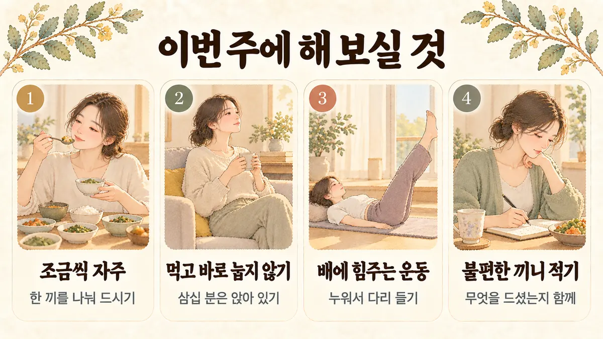 검단한의원 위하수 생활관리 - 조금씩 자주·먹고 바로 눕지 않기·배에 힘주는 운동·불편한 끼니 적기
