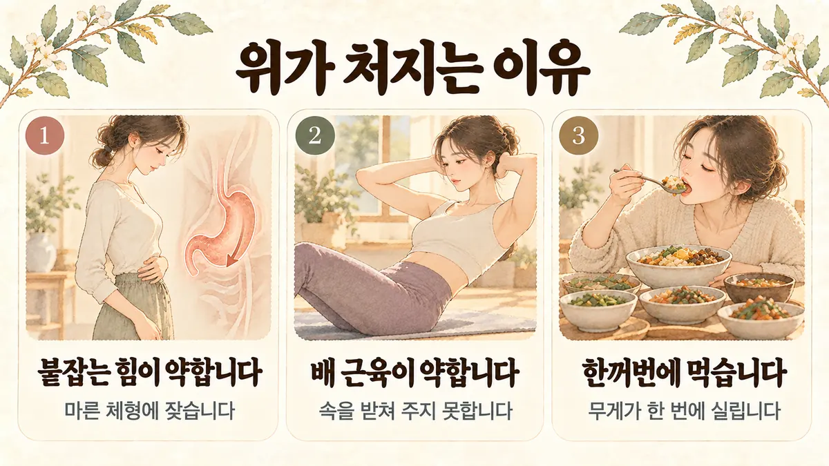 검단한의원 위하수 원인 - 붙잡는 힘이 약합니다·배 근육이 약합니다·한꺼번에 먹습니다