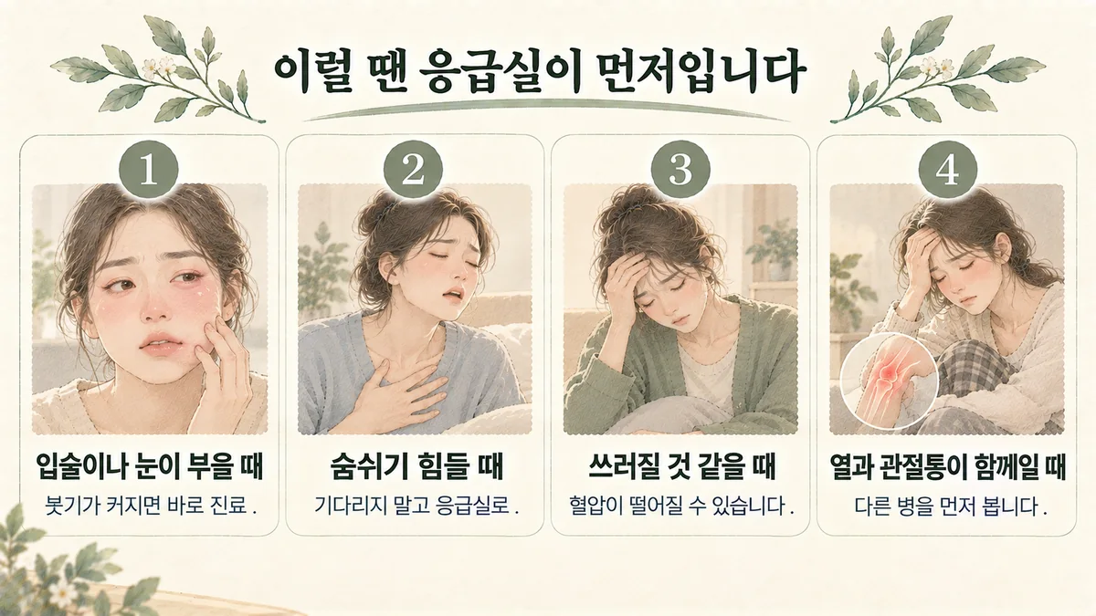 검단한의원 두드러기 자가진단 - 입술이나 눈이 부을 때·숨쉬기 힘들 때·쓰러질 것 같을 때·열과 관절통이 함께일 때