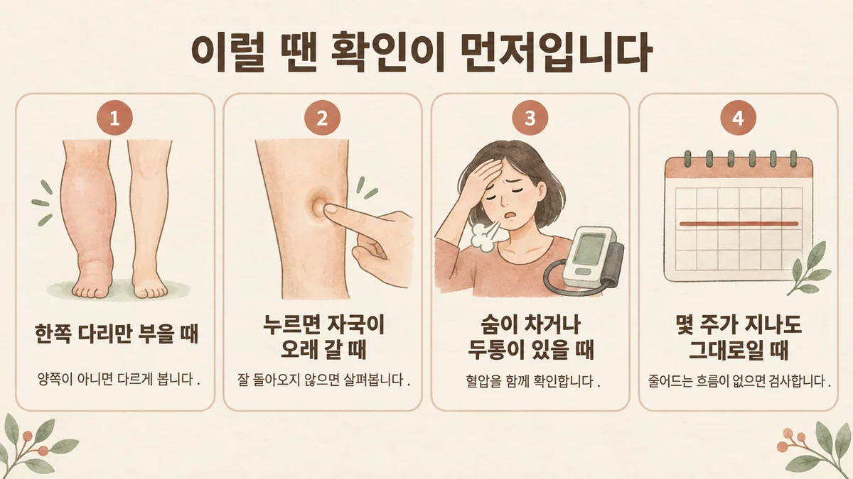 검단한의원 산후조리 자가진단 - 한쪽 다리만 부음·누른 자국이 오래감·숨참과 두통·줄어드는 흐름 없음