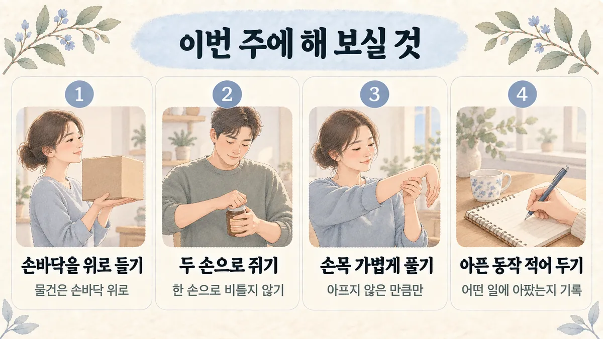 계양한의원 팔꿈치 통증 생활관리 - 손바닥을 위로 들기·두 손으로 쥐기·손목 가볍게 풀기·아픈 동작 적어 두기