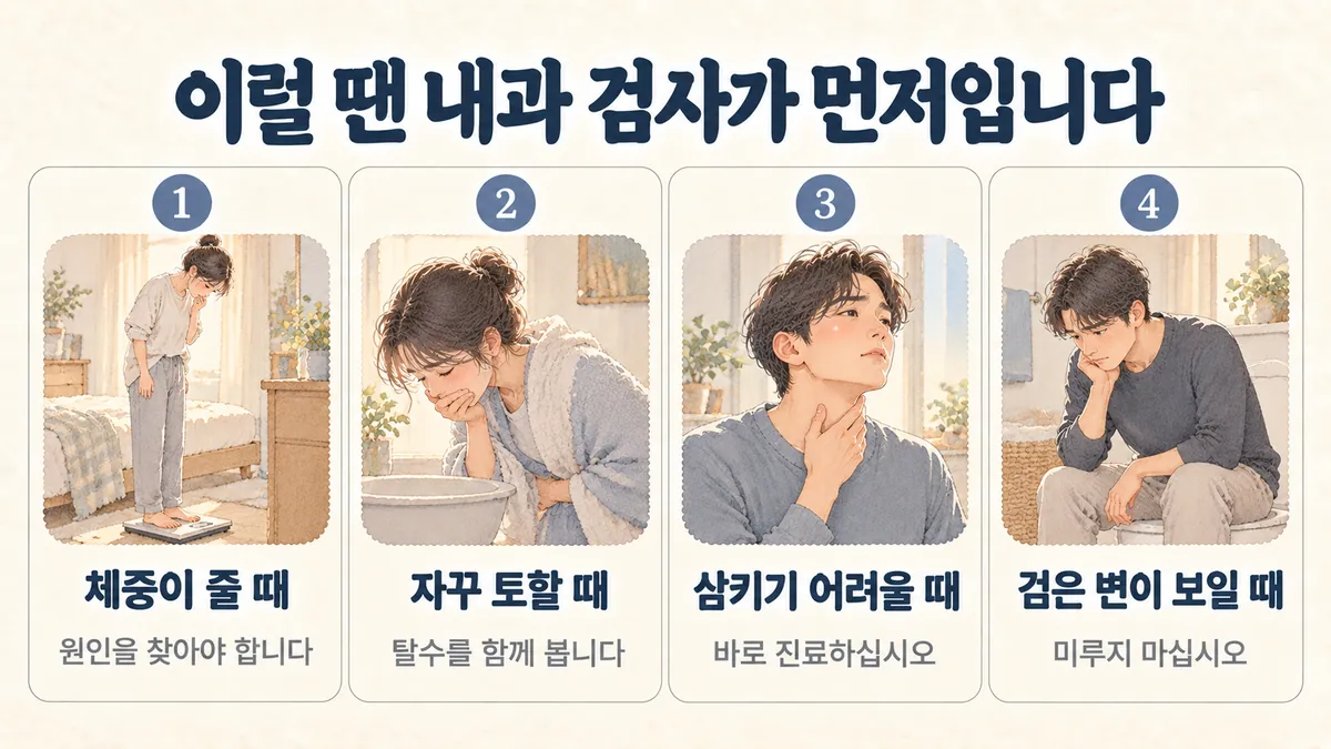 계양한의원 위무력증 자가진단 - 체중이 줄 때·자꾸 토할 때·삼키기 어려울 때·검은 변이 보일 때