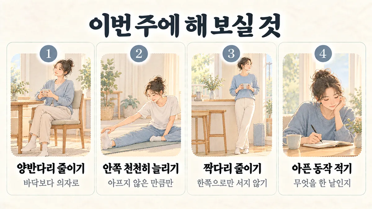 계양한의원 사타구니 통증 생활관리 - 양반다리 줄이기·안쪽 천천히 늘리기·짝다리 줄이기·아픈 동작 적기