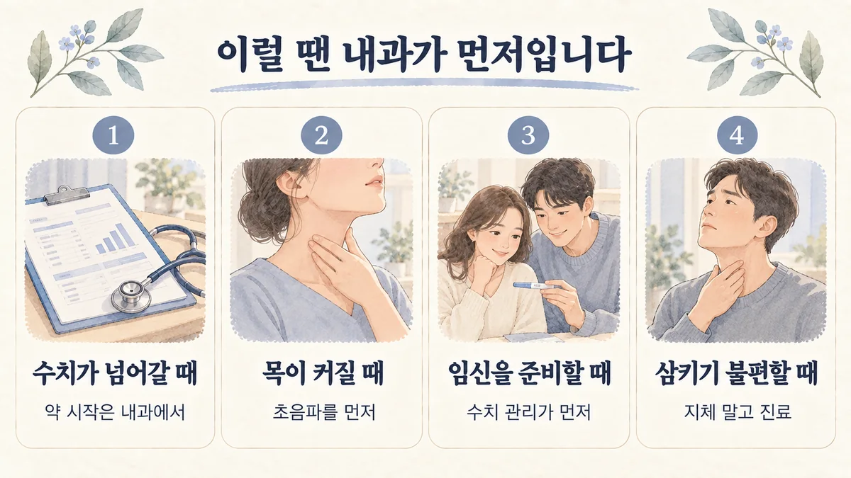 계양한의원 하시모토 자가진단 - 수치가 넘어갈 때·목이 커질 때·임신을 준비할 때·삼키기 불편할 때